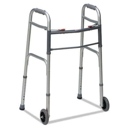 Two-Button Release Folding Walker With Wheels,Adjusts 32 In. To 38 In.,250 Lb Capacity,Silver/Gray